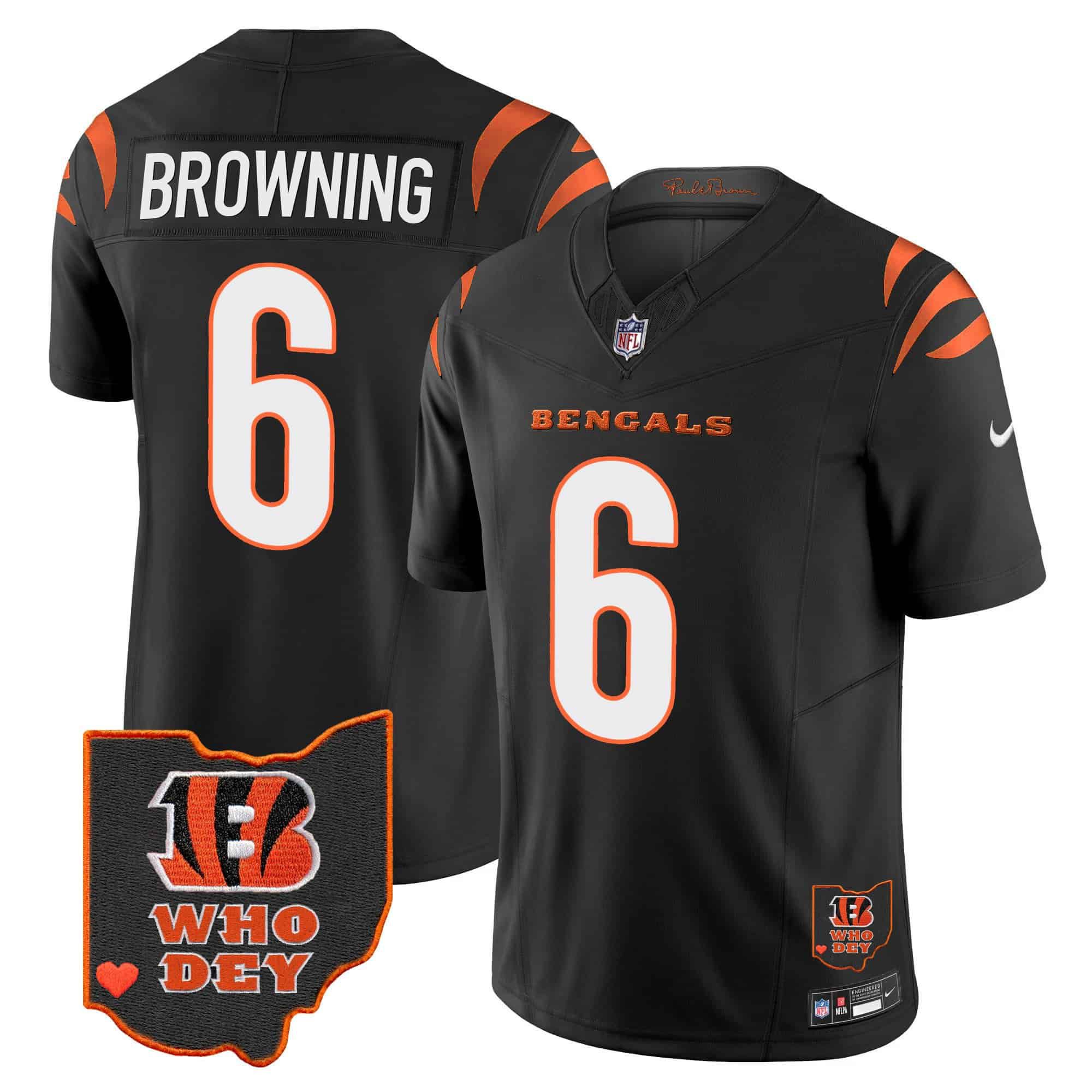 Men Cincinnati Bengals #6 Browning Black 2024 Nike Patch Vapor Limited NFL Jersey style 1